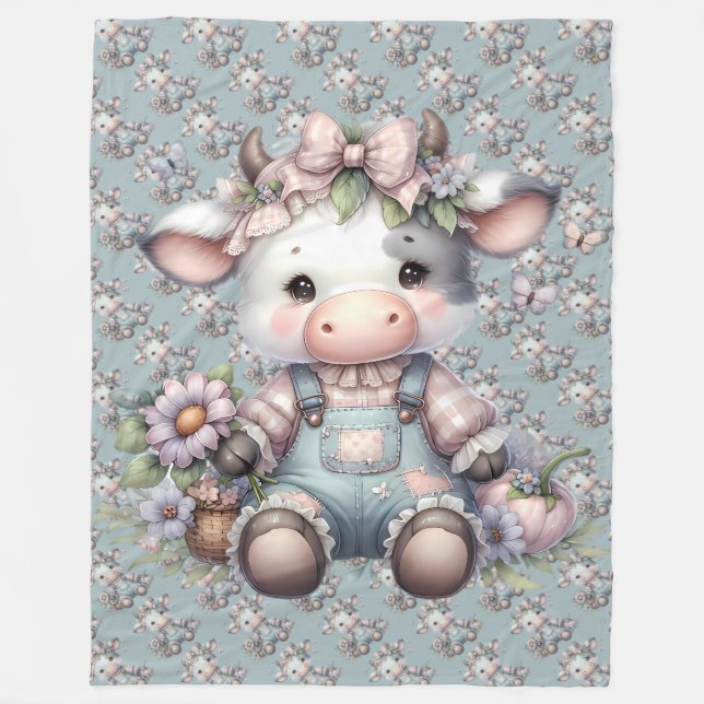 Couverture Polaire Vache Pastel mignonne dans des salons aux fleurs (Devant)
