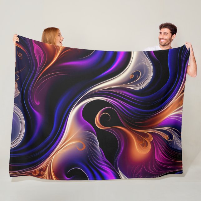 Couverture Polaire Vagues de Feu - Abstrait Violet, Orange et Or Gras (En situation)