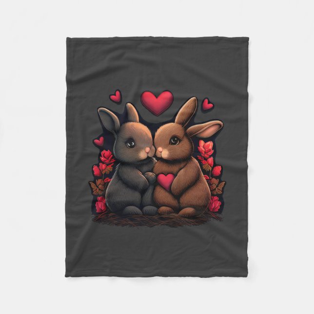 Couverture Polaire Valentine's Day Bunny Bliss, Love Hearts et Roses (Devant)