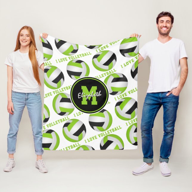 Couverture Polaire vert citron clair J'aime volleyball texte motif (En situation)