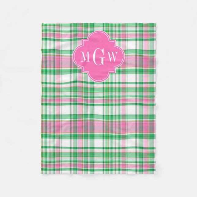 Couverture Polaire Vert émeraude Rose vif Blanc Madras Prépa Monogram (Devant)