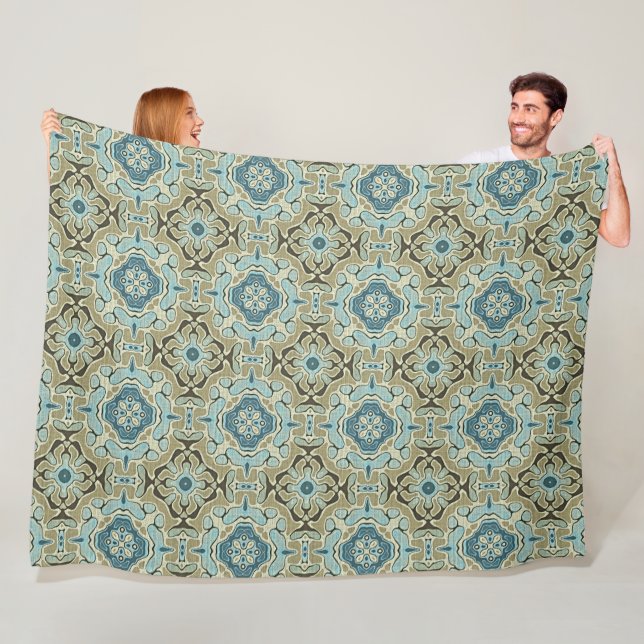 Couverture Polaire Vert gris Turquoise bleu ocre Hip Bohême Bali Art (En situation)