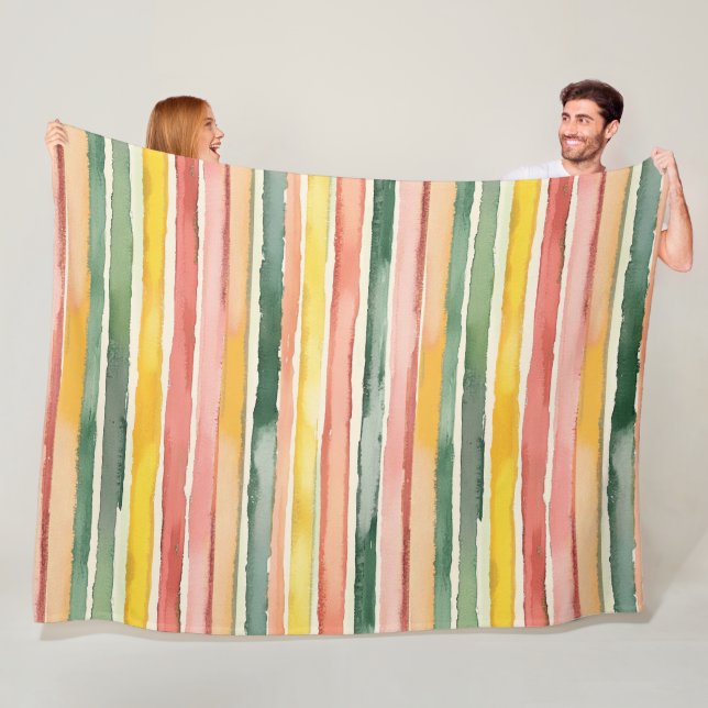 Couverture Polaire Vert Jaune Rouge Rose Rayures (En situation)