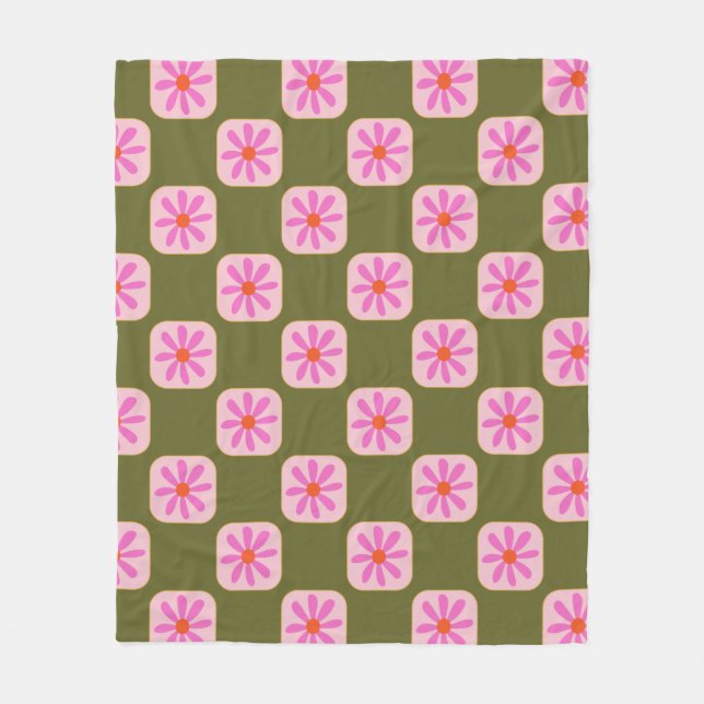 Couverture Polaire Vert olive rose rétro daisy à carreaux groovy (Devant)