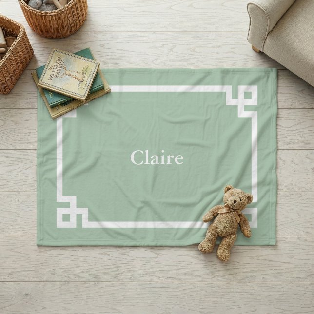 Couverture Polaire Vert sauge et monogramme grec clé blanc (Créateur téléchargé)