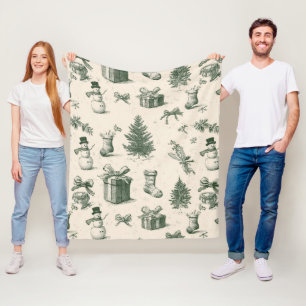 Couverture Polaire Vert sauge vintage Noël Toile de Jouy d'hiver (2)