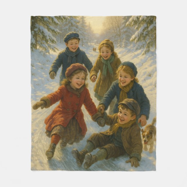Couverture Polaire Victorian Christmas Blanket – Kids Playing in Snow (Devant)