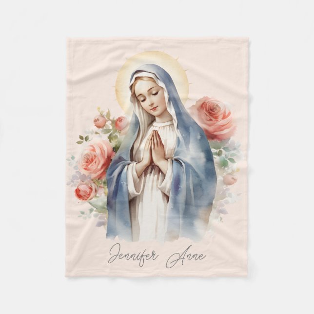 Couverture Polaire Vierge catholique religieuse Marie avec rose (Devant)