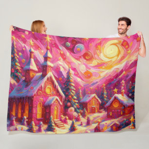 Couverture Polaire Village Hot Rose Maison de Noël Motifs vacances