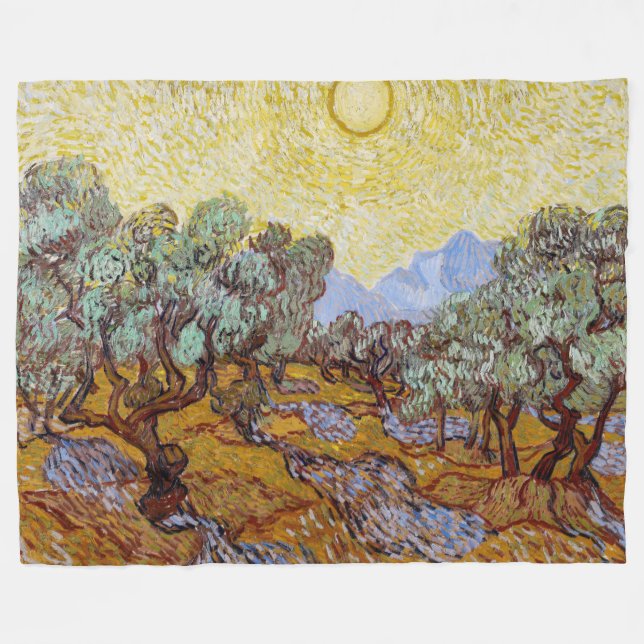 Couverture Polaire Vincent van Gogh - Oliviers, Ciel Jaune et Soleil (Devant (Horizontal))