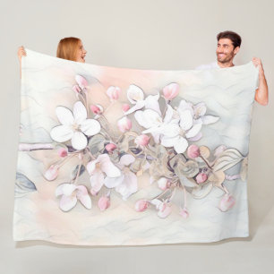 Couverture Polaire Vintage blanc cerisier rose en fleur dessin minima