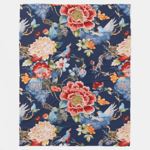 Couverture Polaire Vintage bleu rouge chinoiserie florale