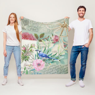 Couverture Polaire Vintage Blue Jay Bird Rose Rose Rose Rose Floral C