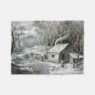 Couverture Polaire Vintage Currier & Ives Journal Cabine Noël