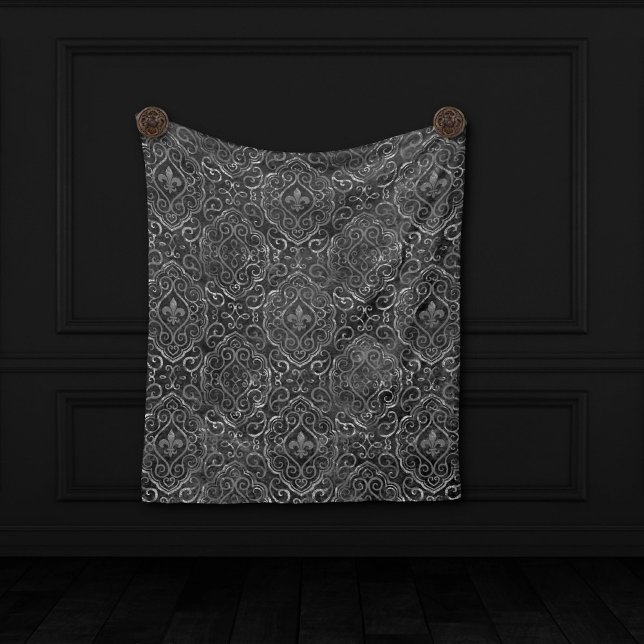 Couverture Polaire Vintage Fleur de Lis | Black Silver Grunge Damask (Créateur téléchargé)