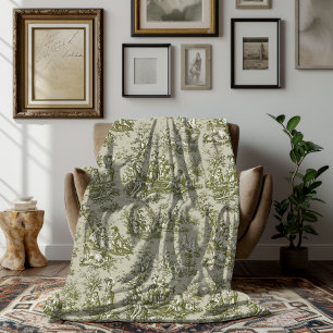 Couverture Polaire Vintage fleuri rétro olive gris toile de jouy
