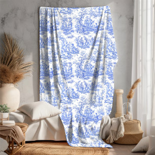 Couverture Polaire Vintage floral rétro bleu toile de jouy fleur