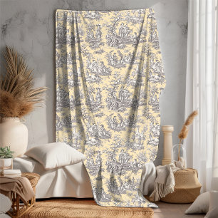 Couverture Polaire Vintage floral rétro jaune gris toile de jouy fleu
