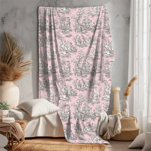 Couverture Polaire Vintage floral rétro rose gris toile de jouy flot