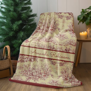 Couverture Polaire Vintage jaune rouge lac toile de jouy monogramme