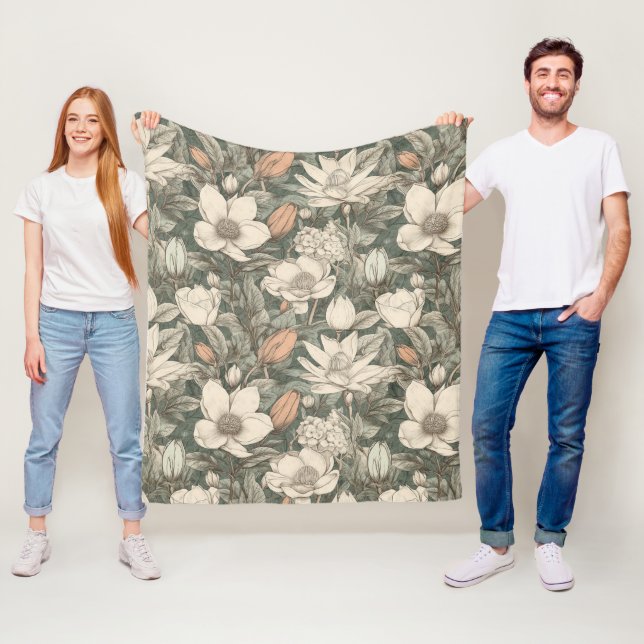 Couverture Polaire Vintage luxuriant Magnolia Floral Botanique (En situation)