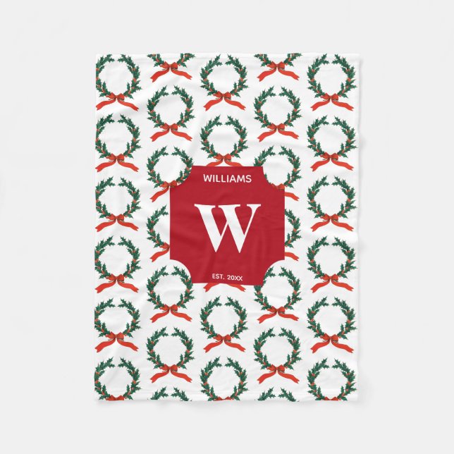 Couverture Polaire Vintage Noël Berry Wreath Holiday Monogramme (Devant)