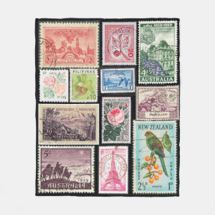 Couverture Polaire Vintage Postage Timbres Floral Fleece Blanche