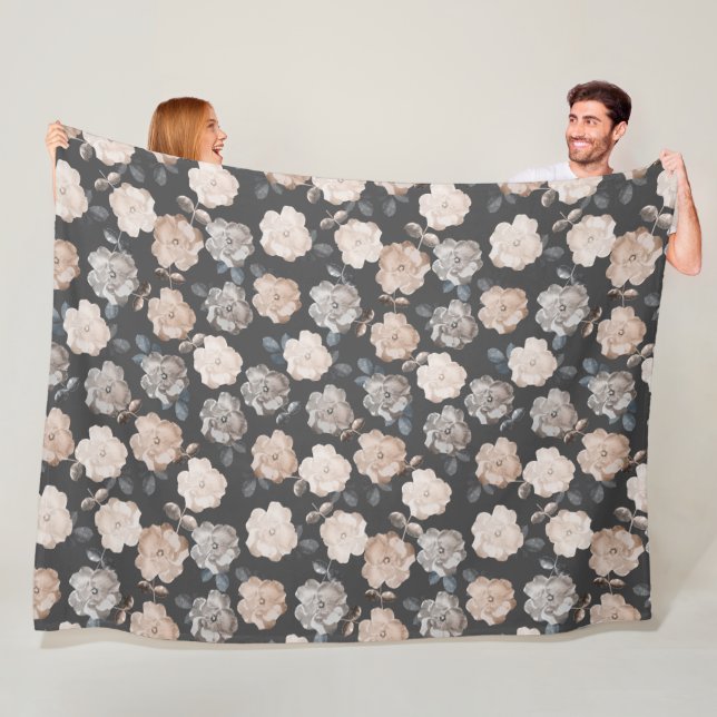 Couverture Polaire Vintage Rose Fleurs Gris Gris Motif (En situation)