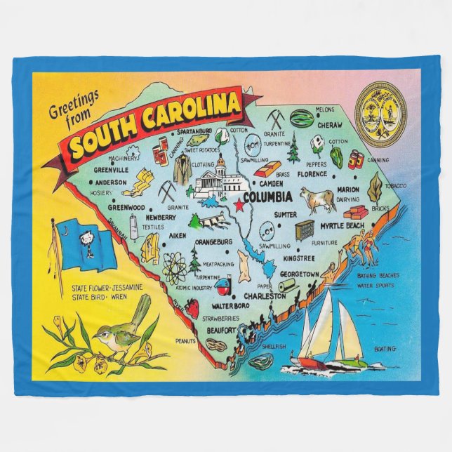 Couverture Polaire Vintage South Carolina Map Postcard (Devant (Horizontal))
