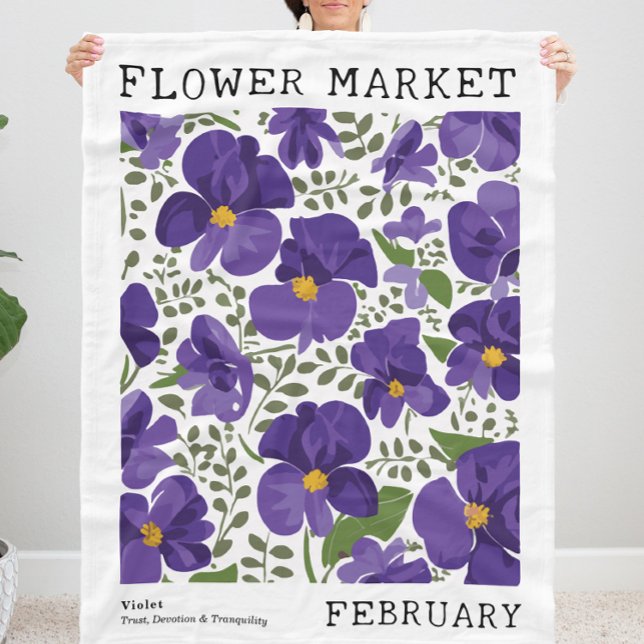 Couverture Polaire Violet violet Février Fleur de naissance Marché Fl (Personalized February Birth Flower Market Print Fleece Blanket, Customizable Violet Floral Blanket)