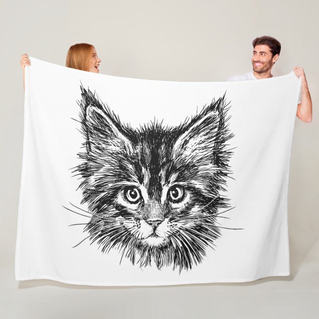 Couverture Polaire Visage de Kitten noir et blanc (En situation)