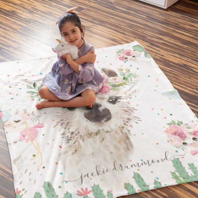 Couverture Polaire Visage de lama floral | Fleece à monogramme de sig (Créateur téléchargé)