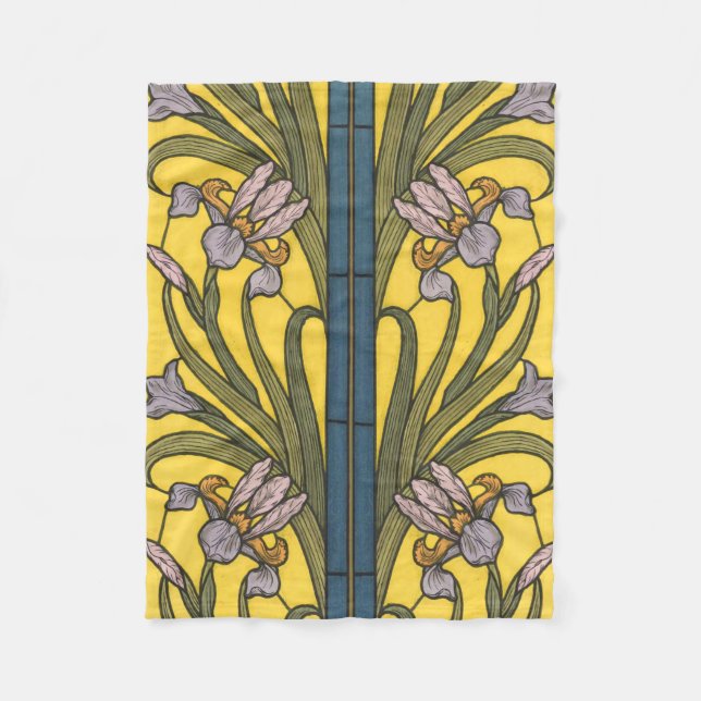 Couverture Polaire Vitrail Art Nouveau Fleur d'Iris Bleu Or (Devant)
