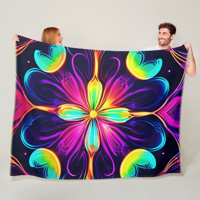 Couverture Polaire Vivid Neon Floral Mandala Art (En situation)