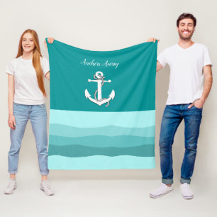 Couverture Polaire Voilier blanc nautique/ancre loin/aqua vague bleu