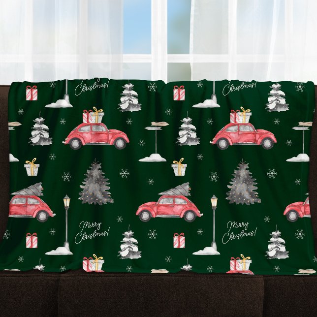 Couverture Polaire Voiture rouge Motif d'hiver Joyeux Noël Vert Grand (Créateur téléchargé)