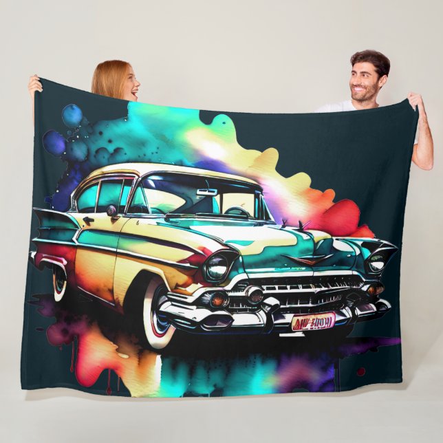 Couverture Polaire Voiture Vintage Peinture Aquarelle (En situation)