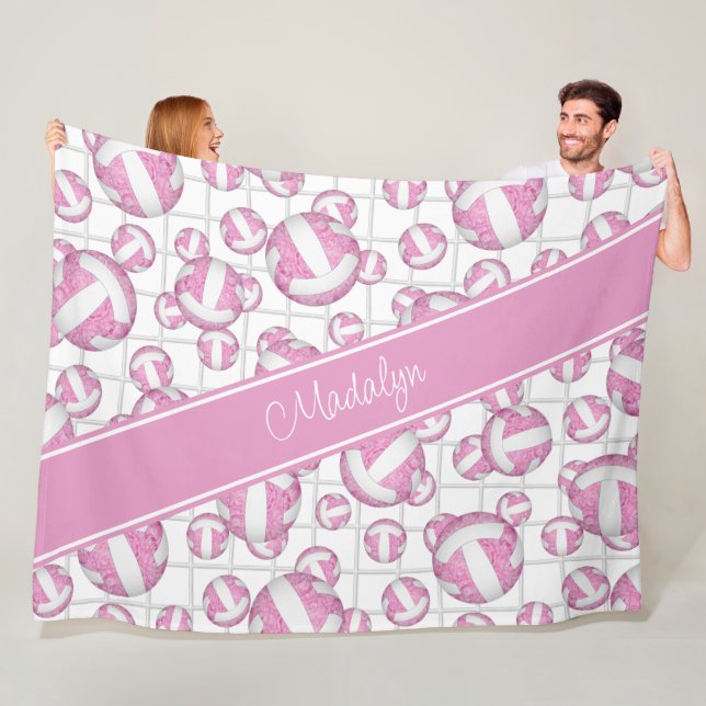 Couverture Polaire Volleyballs blanc rose motif accent net (En situation)