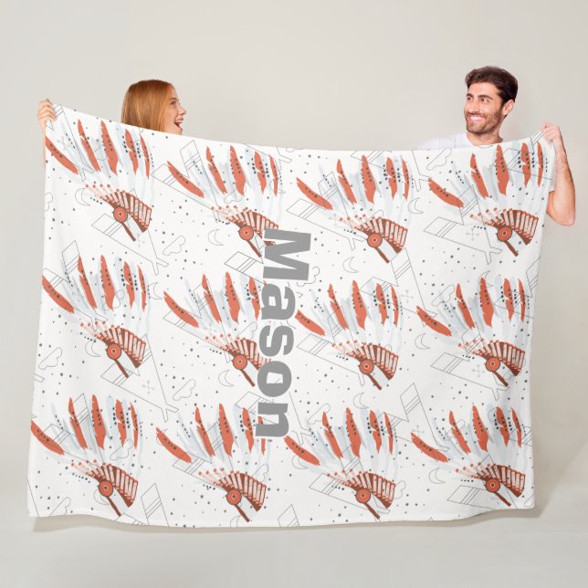 Couverture Polaire Votre Garçon Nom Chambre Indien Tête de plume Tepe (En situation)