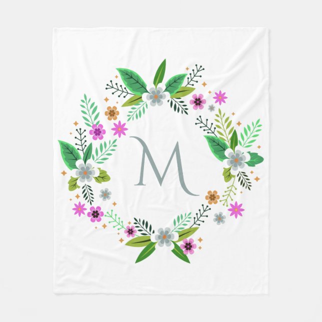 Couverture Polaire Votre Monogramme dans un cadre de fleurs couvertur (Devant)
