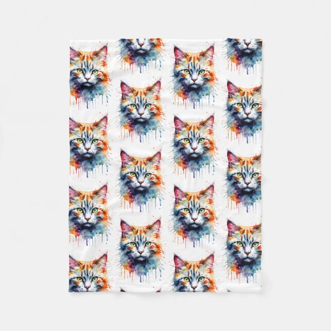 Couverture Polaire Watercolor Cat Multicolor Splash art (Devant)