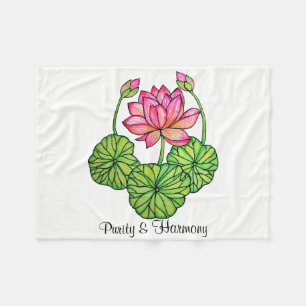 Couverture Polaire Watercolor Pink Lotus with Buds & Leaves