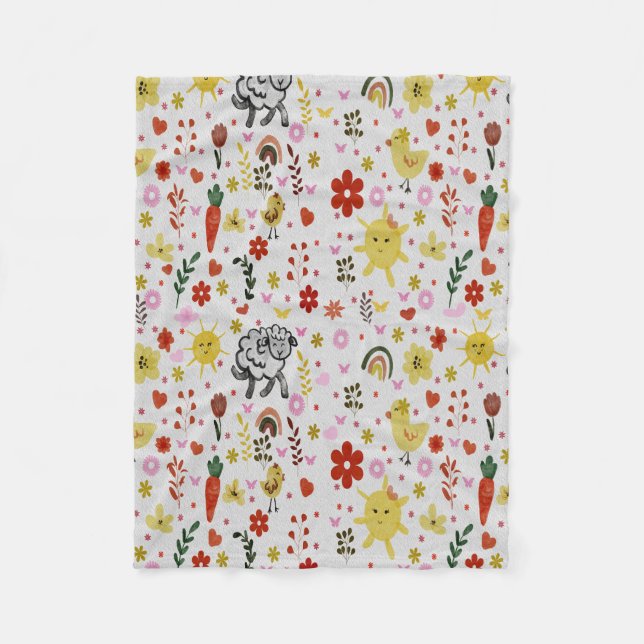 Couverture Polaire watercolor Sheep’s, Flowers & Sun Pattern  (Devant)