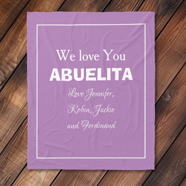 Couverture Polaire "We Love You ABUELITA" Personnalisé Mauve ("We Love You ABUELITA" Personalized Mauve and White Fleece Blanket.)