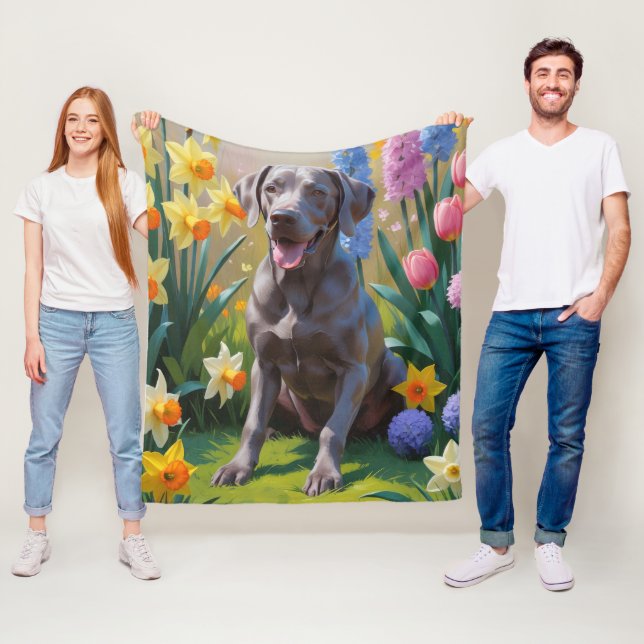 Couverture Polaire Weimaraner Chien Fleurs de printemps Peinture (En situation)