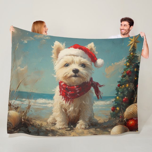 Couverture Polaire West Highland White Terrier Dog Christmas Beach (En situation)