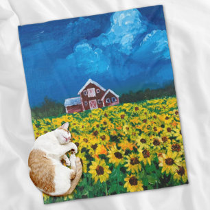 Couverture Polaire western country red barn summer sunflower field