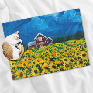 Couverture Polaire western country red barn summer sunflower field