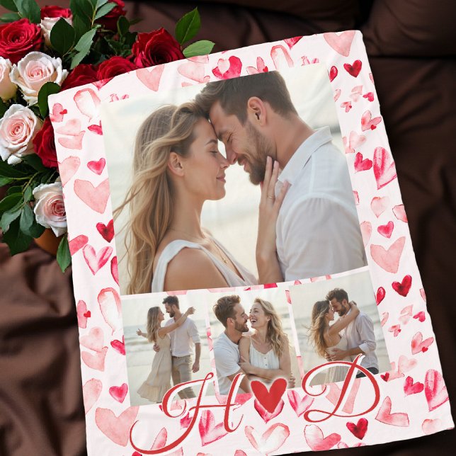 Couverture Polaire Whimsical Hearts Valentine Red Pink Photo Collage  (valentine love photo collage blanket hearts bridal birthday anniversary boyfriend girlfriend gift)