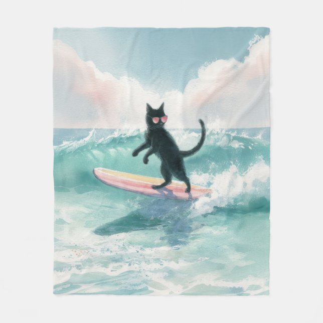 Couverture Polaire Whimsical Surfing Black Cat Beach Blanket (Devant)